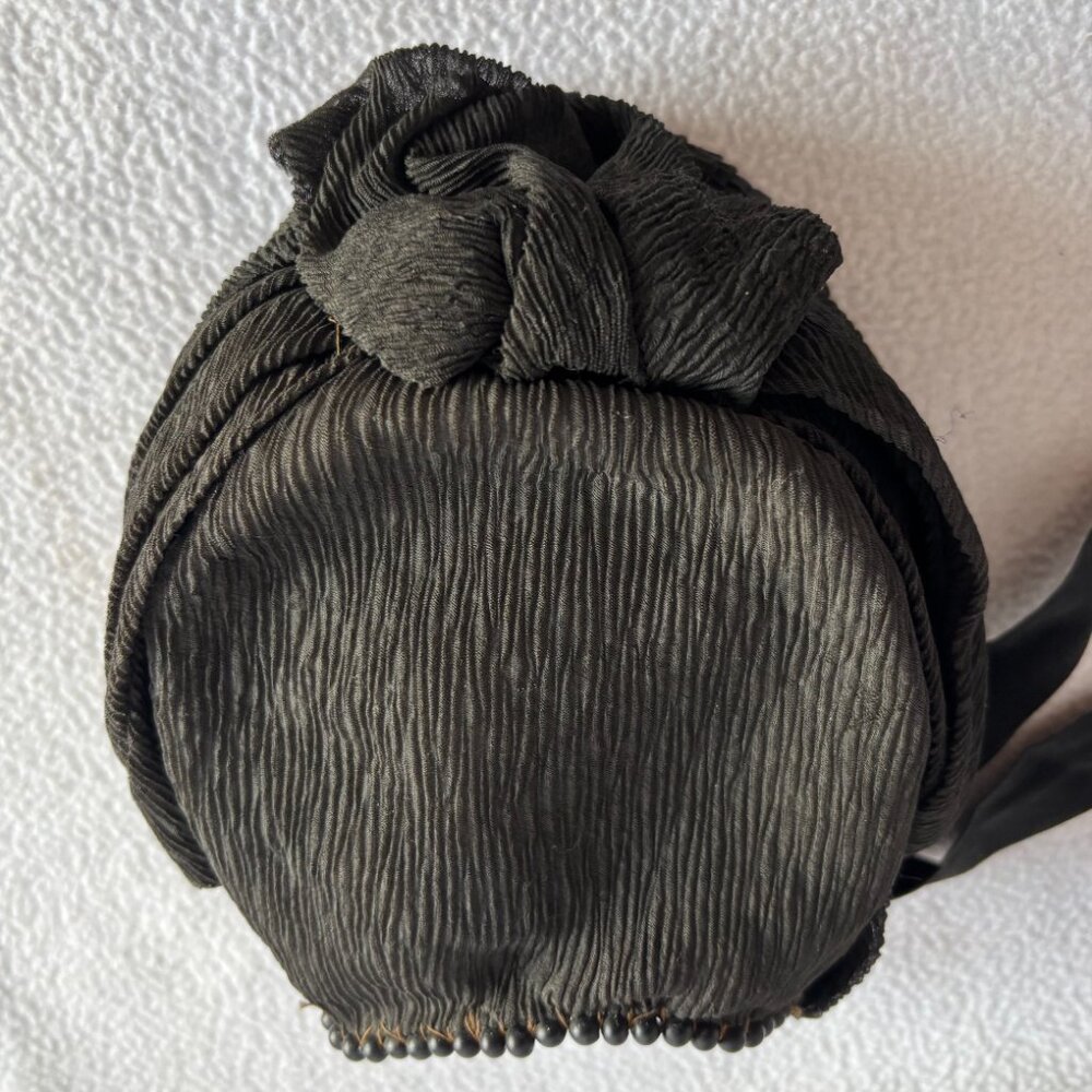 Antique Victorian Black Crepe Beaded Ruched Bonnet - Picture 11 of 15